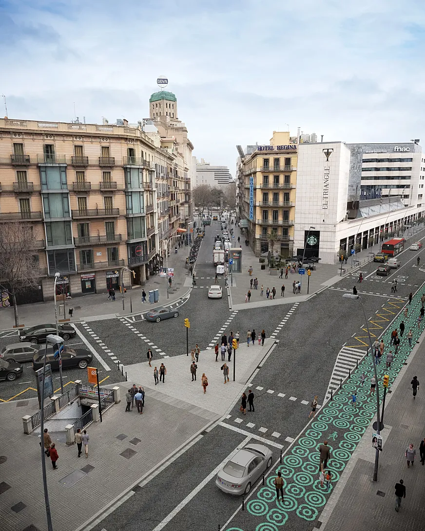 La zona de la calle Pelai tras la reforma, según imagen virtual del Ayuntamiento de Barcelona.