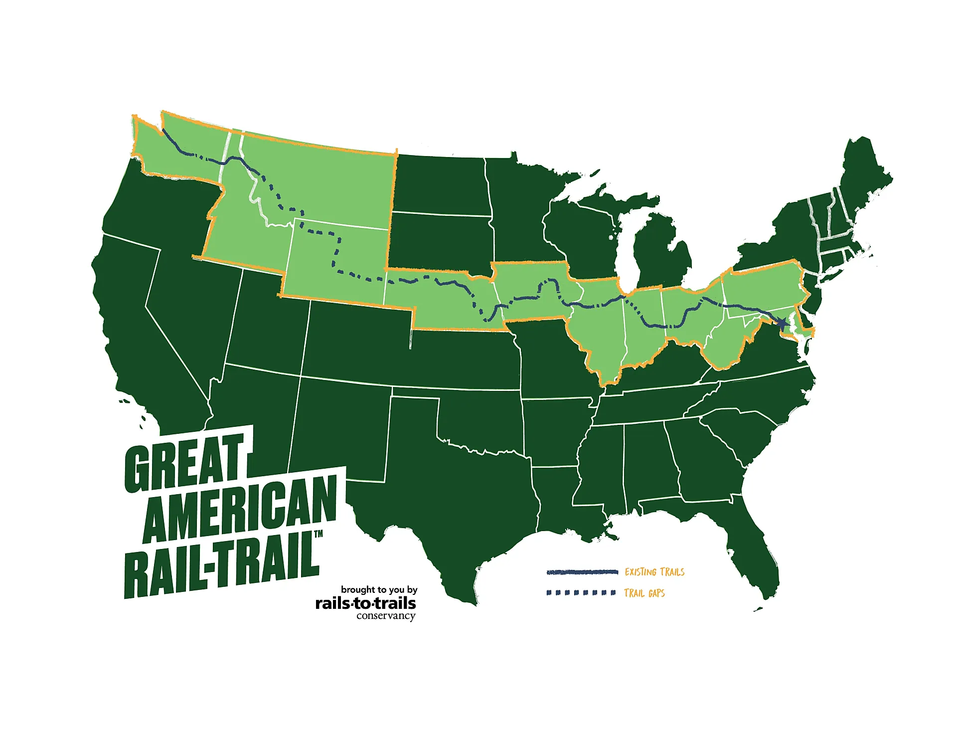 Mapa de The Great American Rail-Trail.