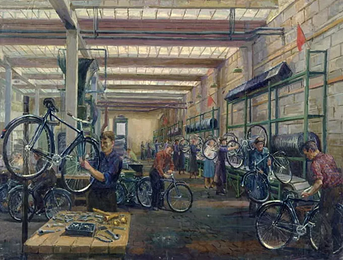 'The Moscow Cycle Works', Nikolay Pinegin (1930)
