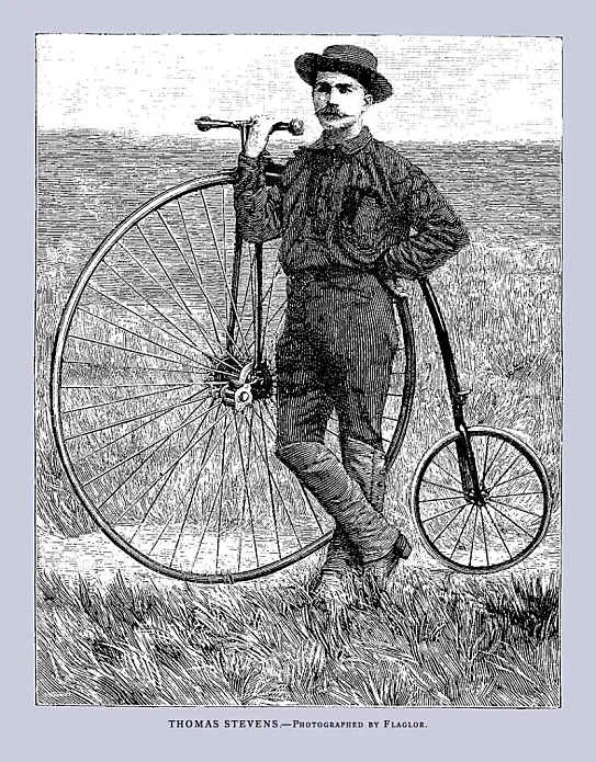 Thomas Stevens, la primera persona en dar la vuelta al mundo en bicicleta.