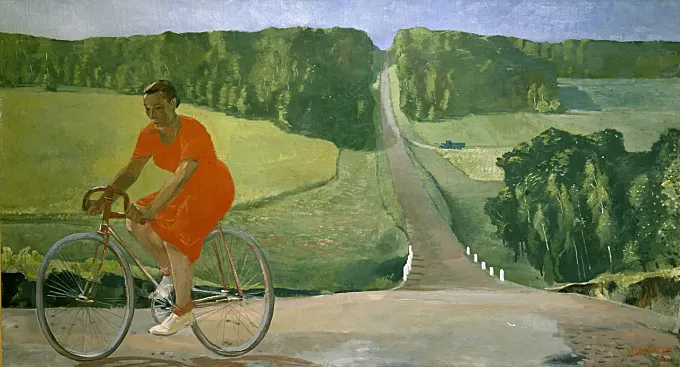 'Trabajadora de granja colectiva en bicicleta', Alexander Deineka (1935)