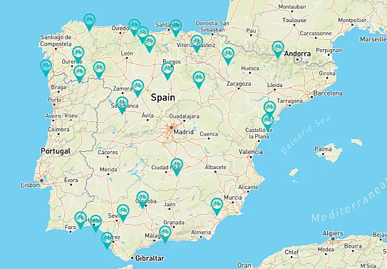 Mapa, hasta el momento, de los Paradores con servicios específicos para el cicloturismo.